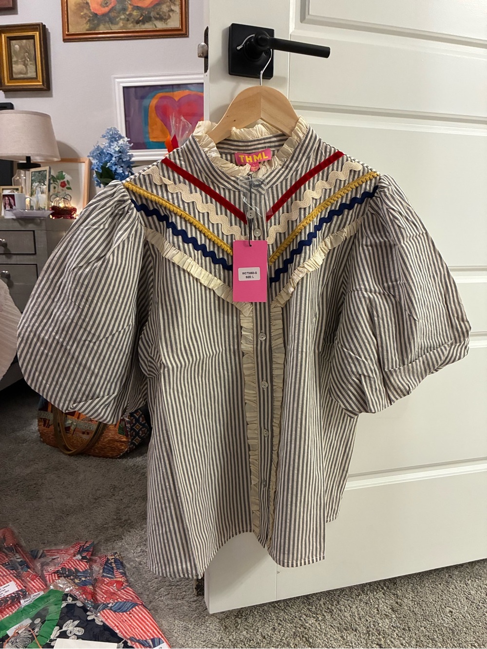 THML Black & White Striped Puff Sleeve Top with Multicolor Trim